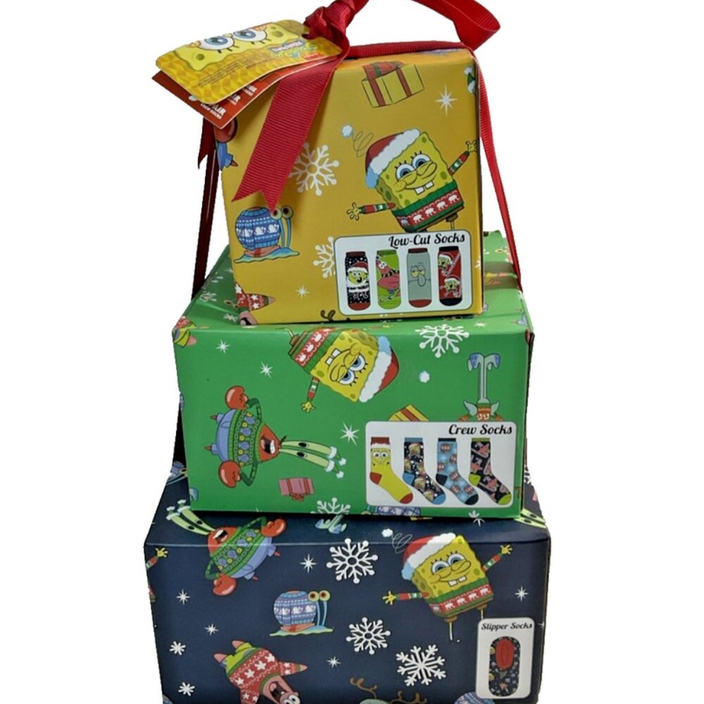 9 PAIRS SpongeBob Christmas Sock Tower Gift Set Nickelodeon Slipper Crew Socks